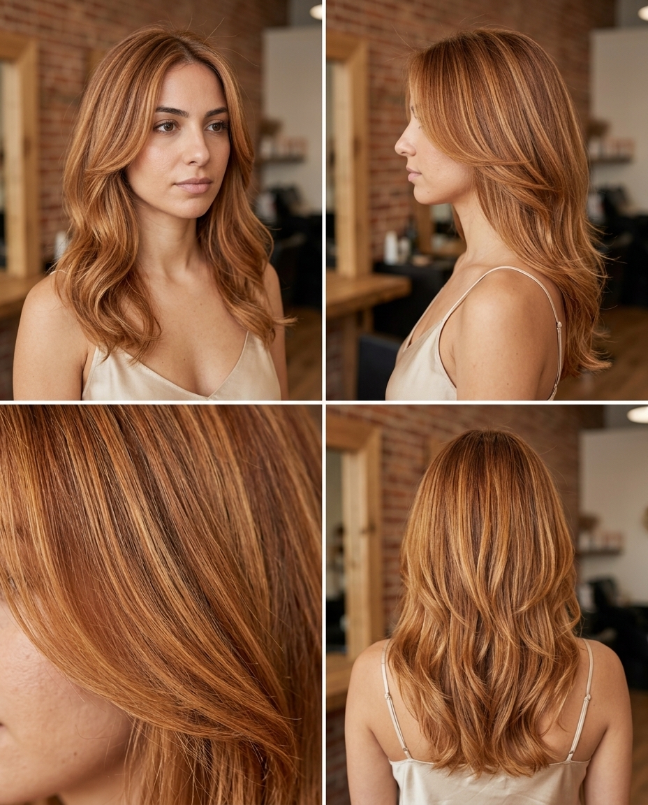 long flowing haircut with honey-copper balayage, soft layers, and curtain bangs for beach day