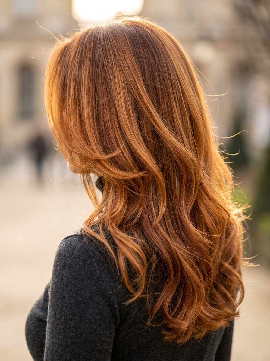 long layered haircut with honey-copper balayage, burnt sienna lowlights, and curtain bangs for date night