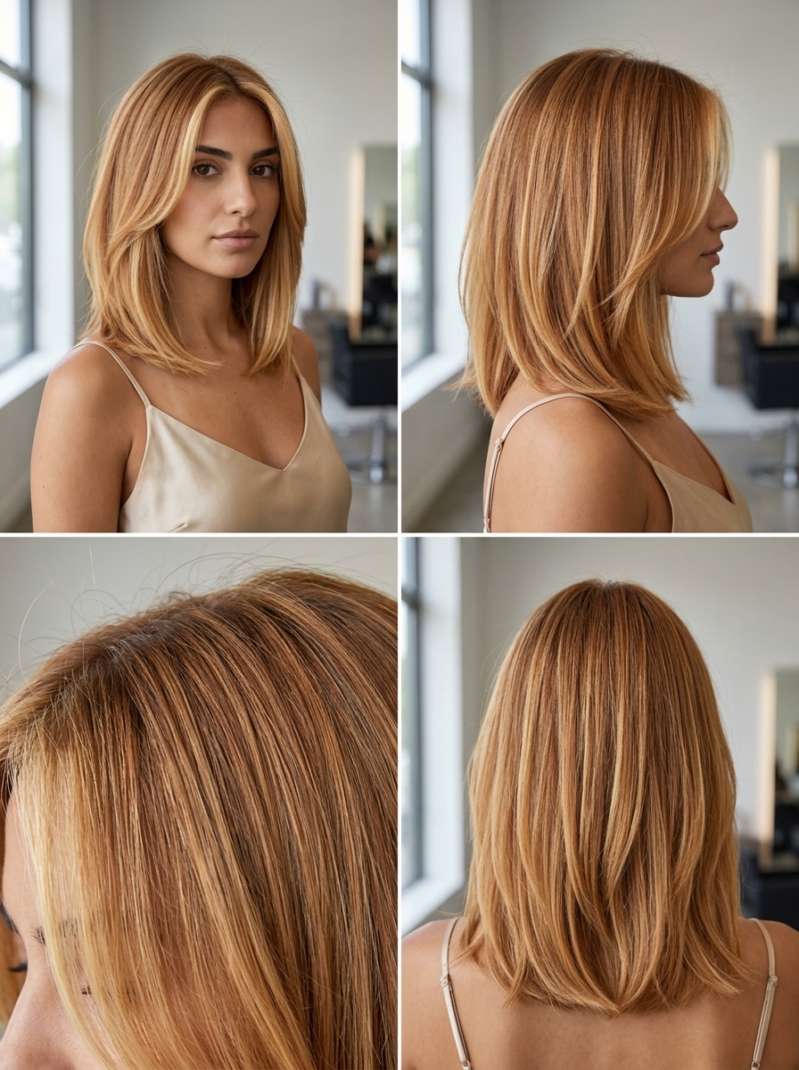 shoulder-length honey copper balayage lob with angled front for summer