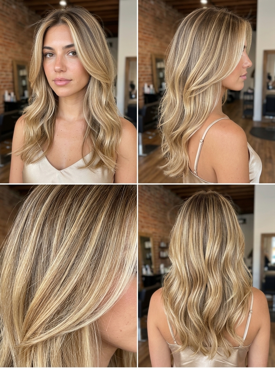 long lived-in honey balayage hair with warm honey, golden blonde, natural root, air-touch technique, bohemian waves for beach day