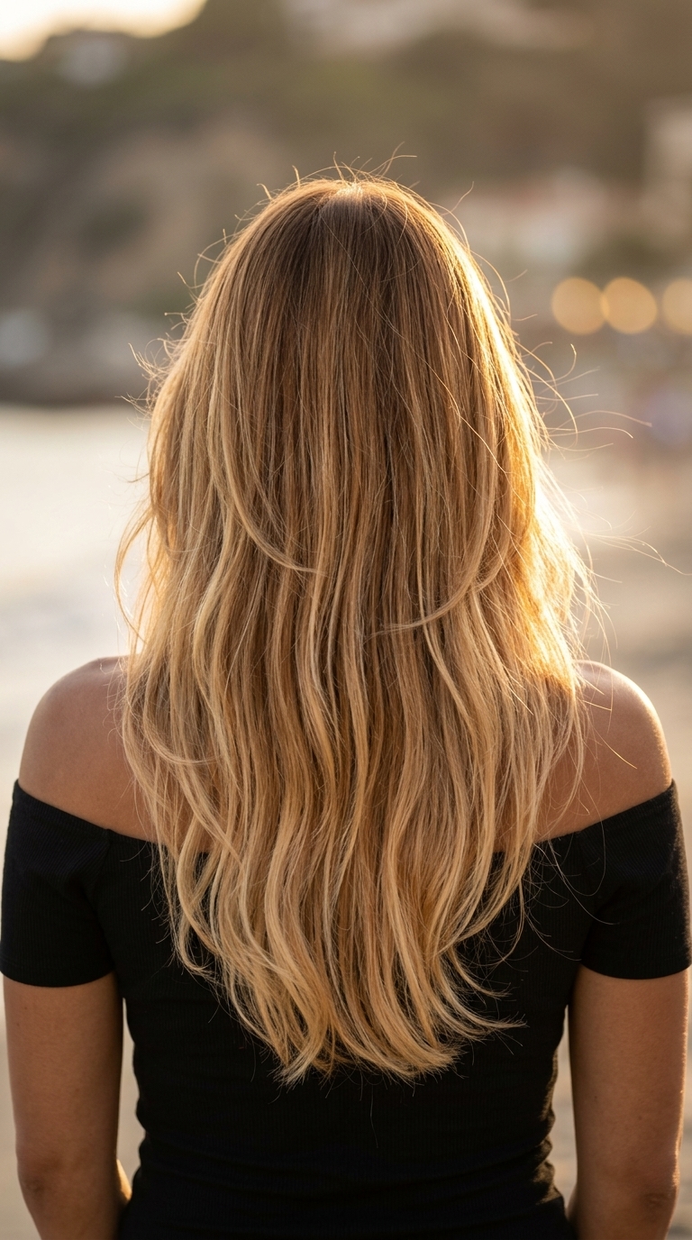 long flowing ombre hair with warm honey to golden caramel melt, ghost layers, face-framing pieces — soft romantic beachy