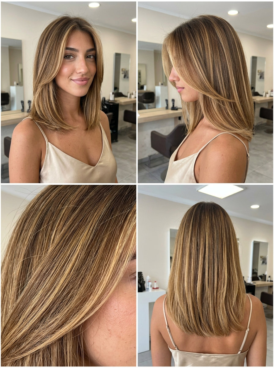 long balayage with honeycomb, golden honey blonde & brown, face-framing highlights — boho festival style