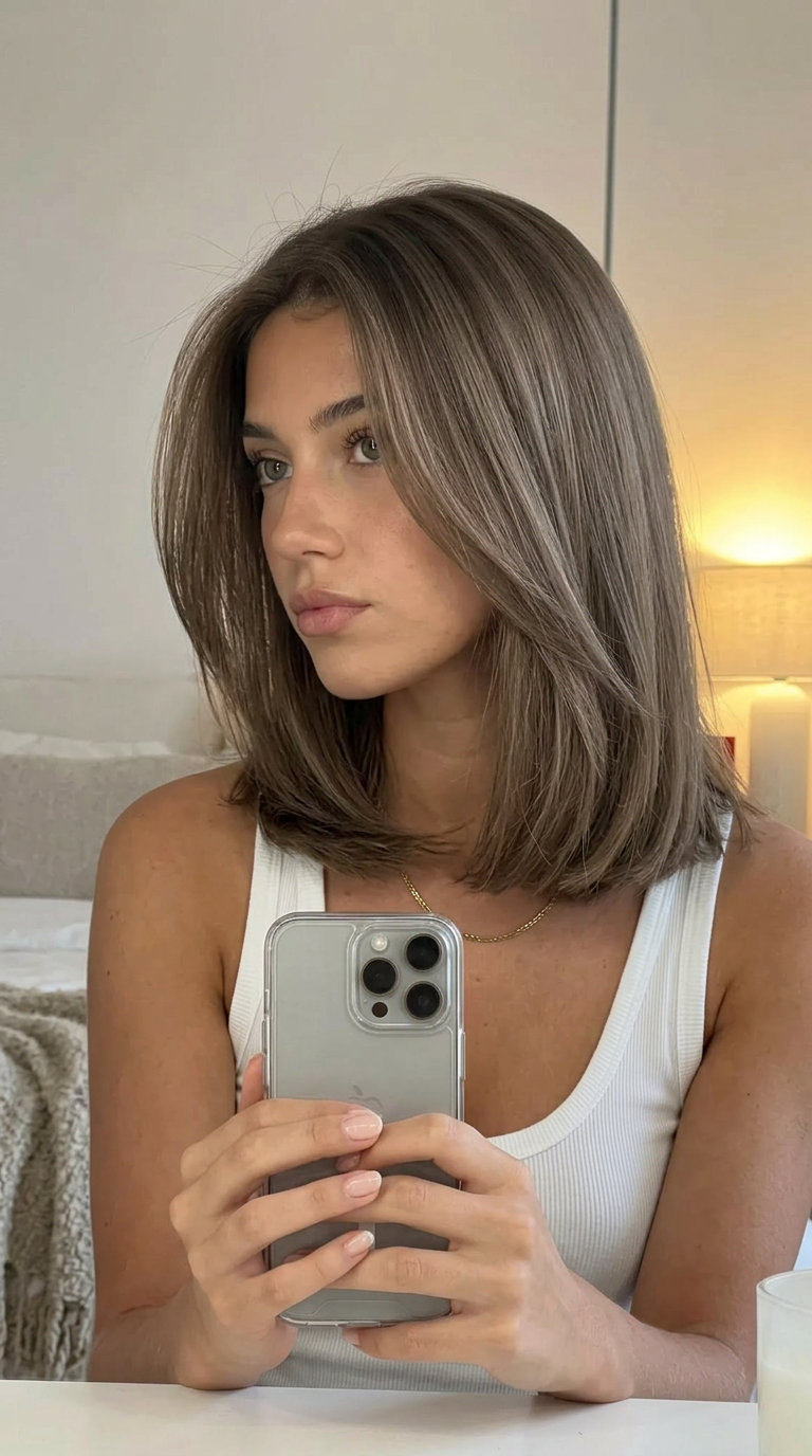 Iced Coffee Brunette 2026 long brunette hair color with iced coffee shadow root, ash-beige tones, no fringe β sophisticated cool look