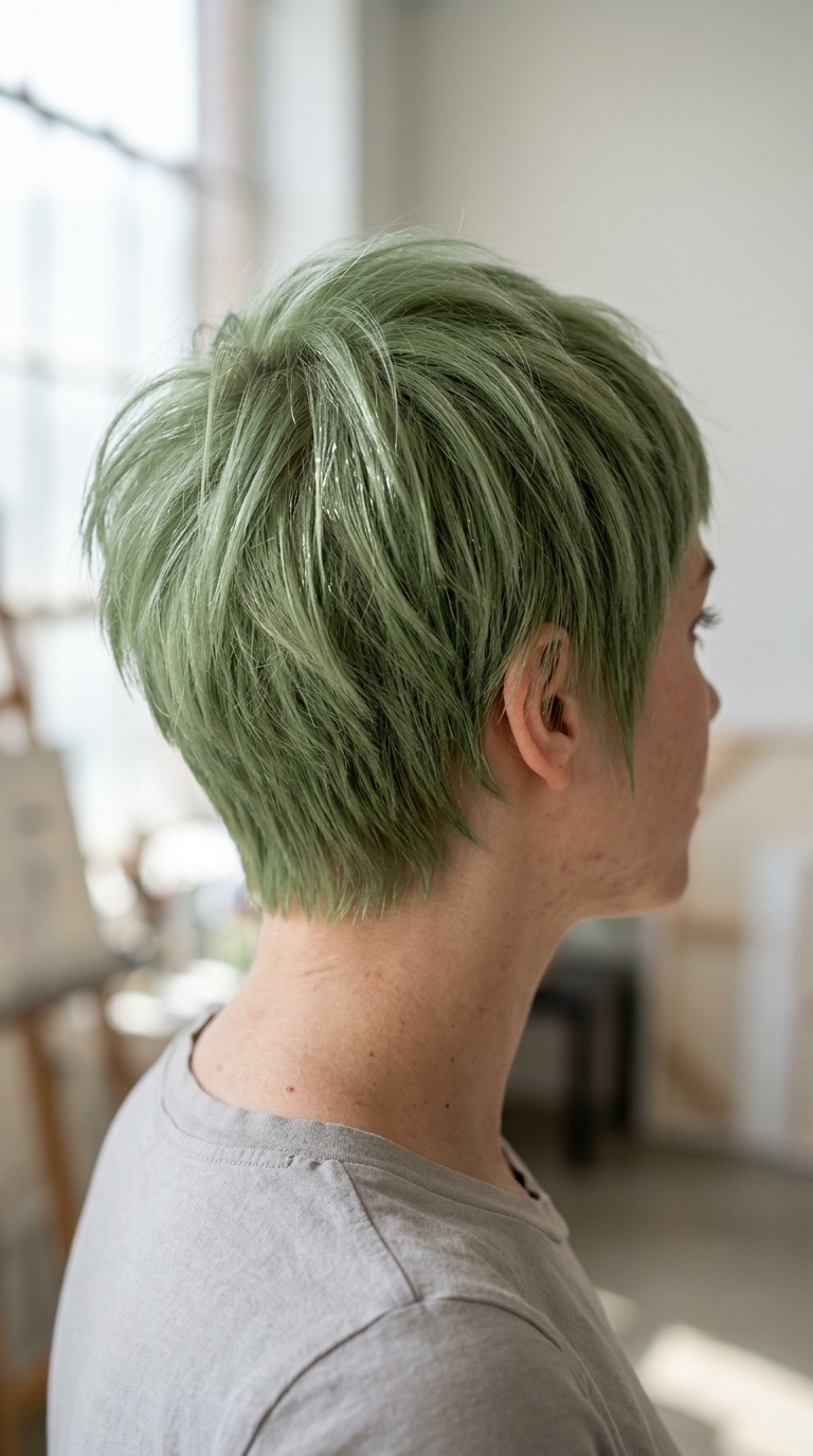 very short pixie haircut in iced matcha green with piecey texture and micro-fringe for edgy looks
