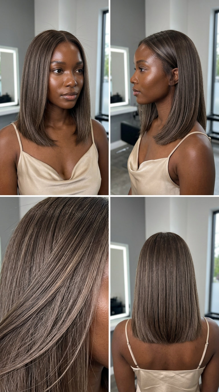 collarbone-length iced mocha lob with ash brown base and beige babylights, center part — minimalist and sophisticated