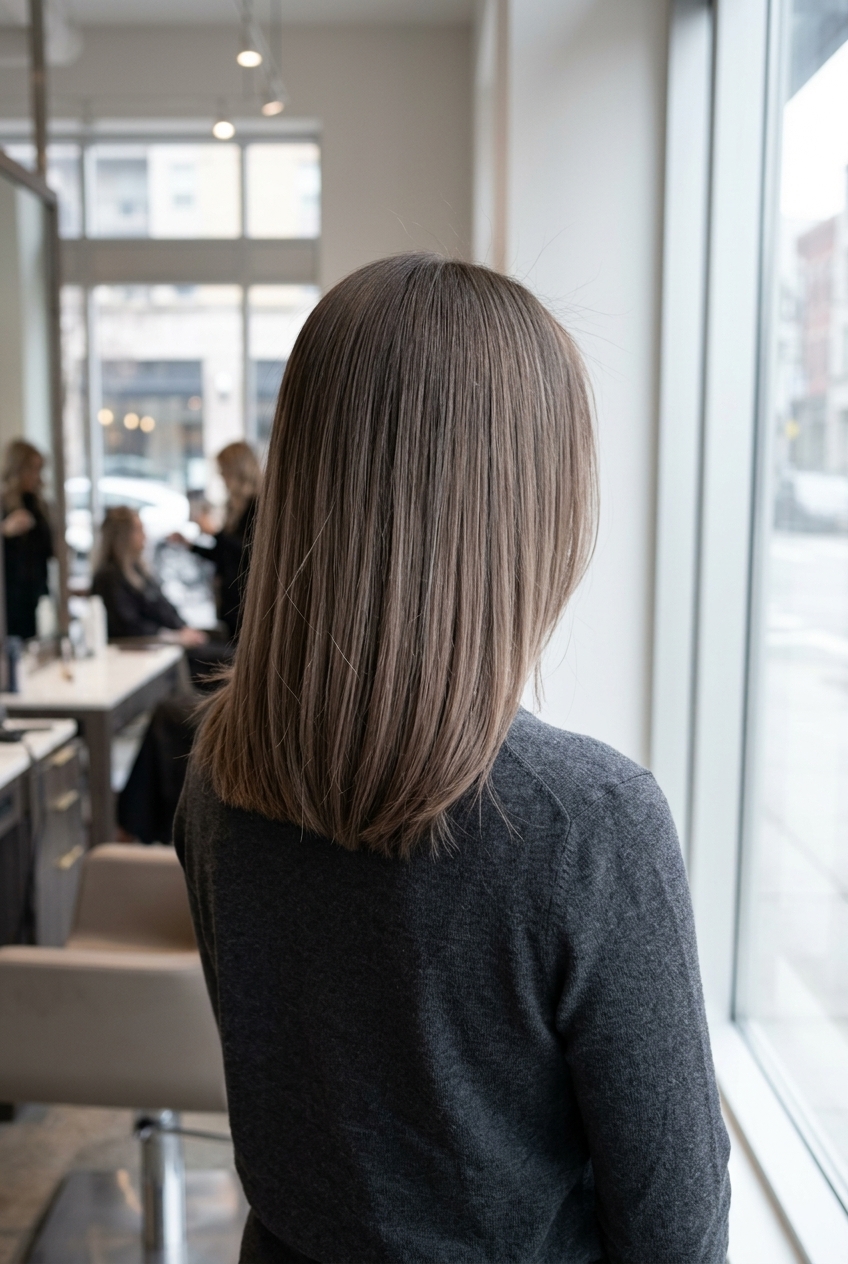 long sleek layers iced mocha melt with cool ash brown root for professional look