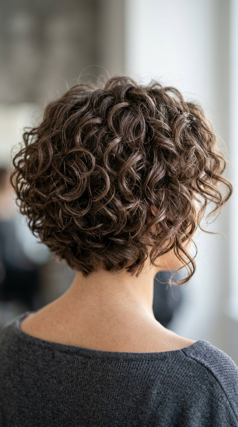 short curly crop haircut with iced mocha mushroom brown, curl-by-curl technique, tapered sides — playful vibrant style