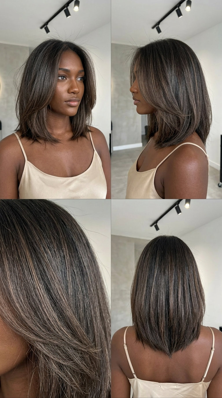 shoulder-length iced mocha babylights lob with a blunter front and airy movement for professional settings