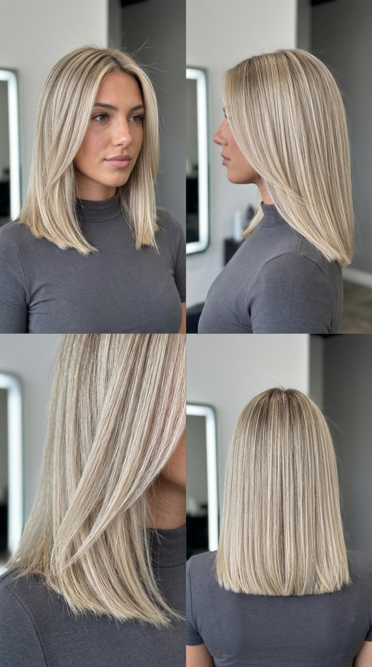 medium-length blunt cut dimensional summer blonde hair color 2026 with iced vanilla, micro-highlights, no bangs — sophisticated