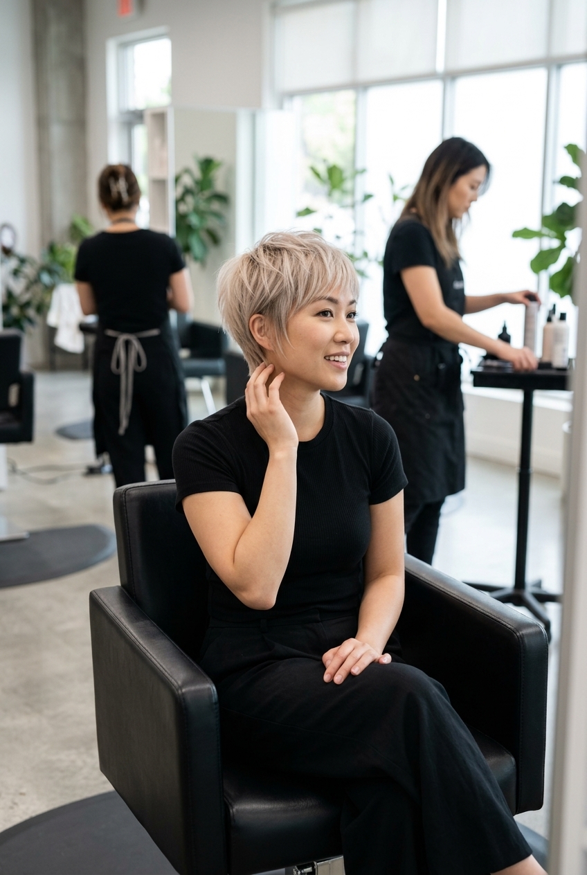 very short pixie haircut dimensional summer blonde hair color 2026 with icy white blonde and ash root smudge, babylights and micro-foils, razored layers — edgy and modern
