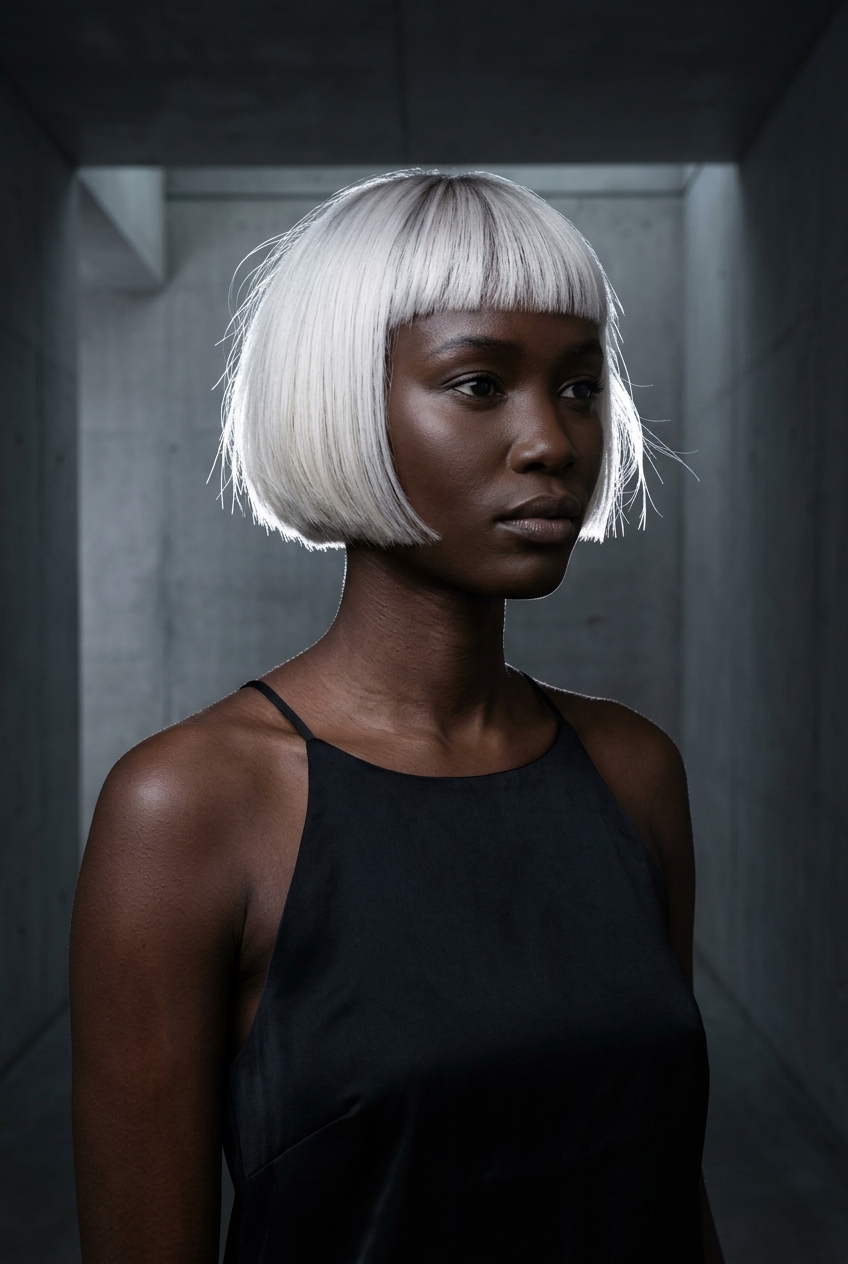 short french bob haircut in icy platinum with ash root smudge, micro-bangs, blunt cut — edgy high-fashion concert