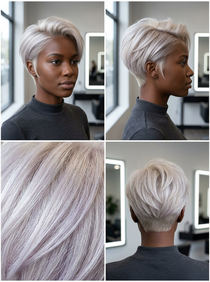 short sculpted bixie haircut in icy platinum blonde with hidden undercut for edgy daily wear