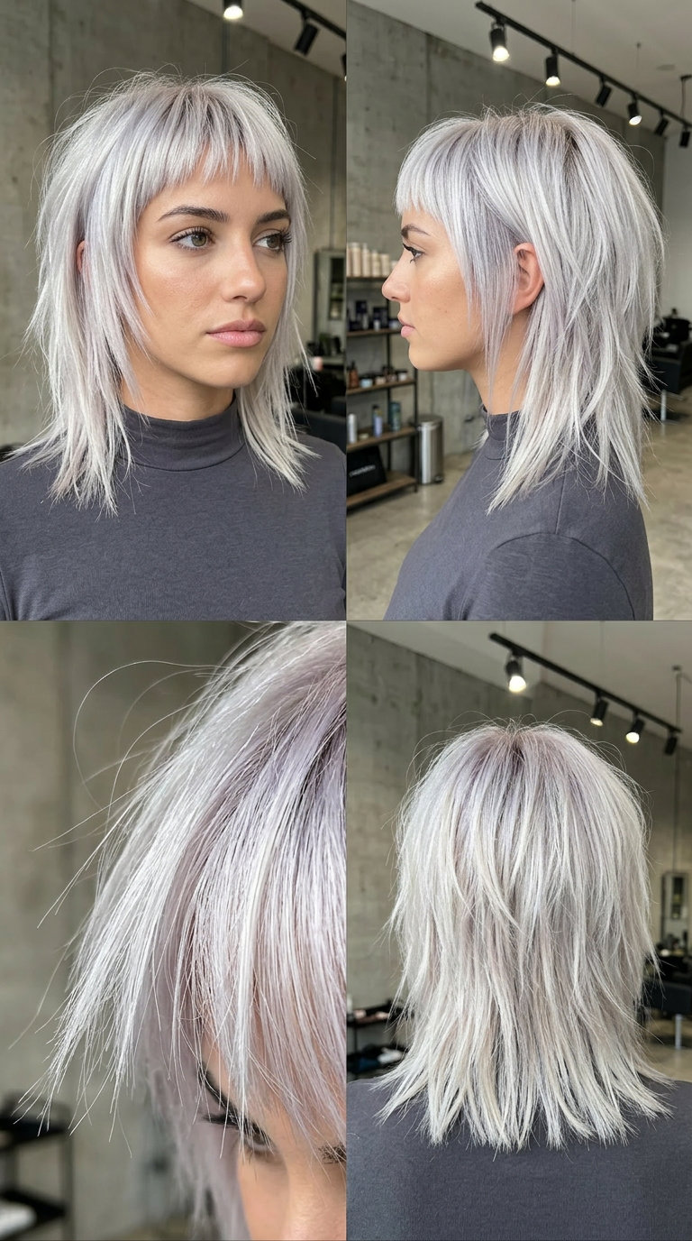 medium razored haircut with icy platinum blonde silver undertones, micro bangs, deconstructed perimeter — bold edgy style