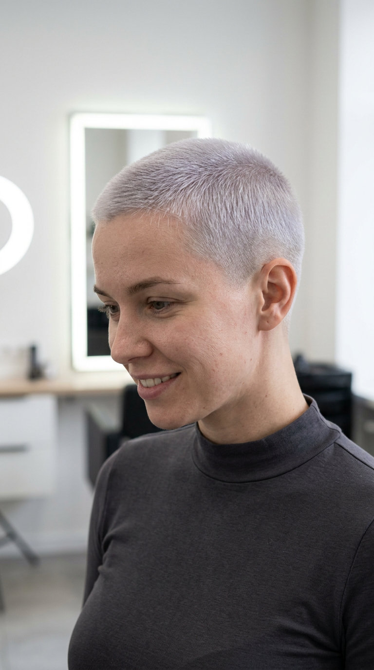 very short buzz cut in icy platinum blonde with cool white and silver tones for summer