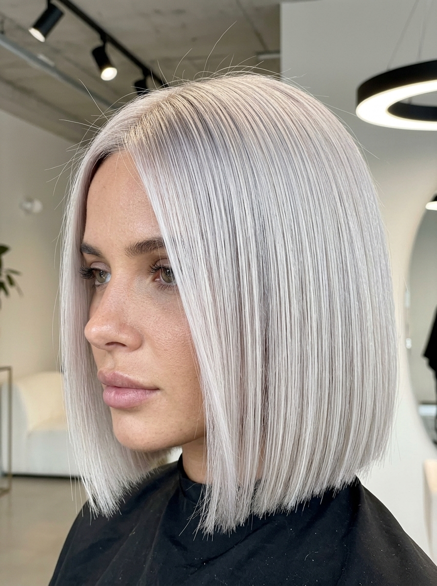 chin-length blunt bob haircut with icy platinum blonde, violet-silver toning, no bangs for night out
