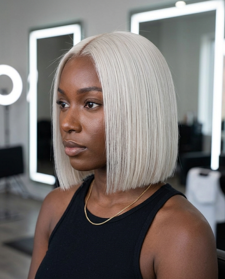 chin-length blunt bob haircut in icy platinum blonde with laser-cut precision for a modern look
