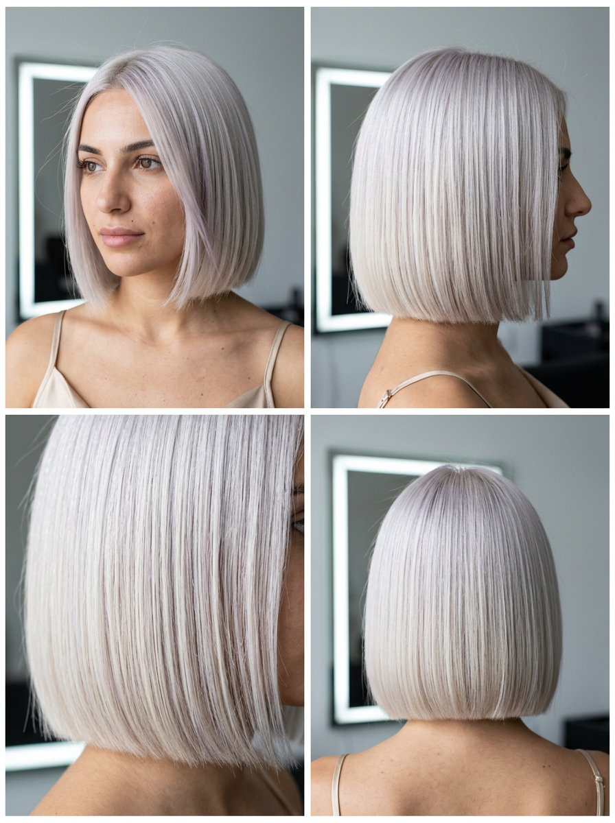 Arctic Sculpt Bob: Summer Haircut 2026 chin-length blunt bob haircut in icy platinum blonde for summer 2026