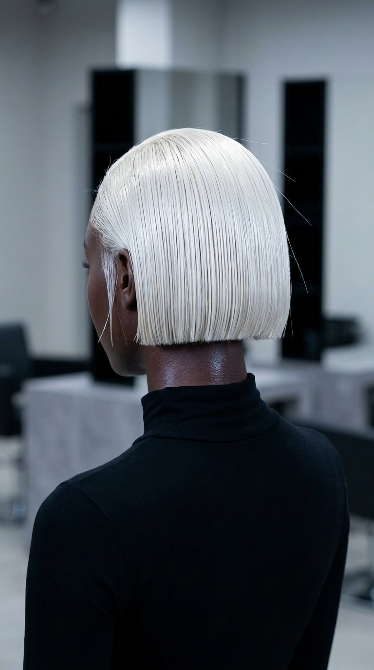 Bold Arctic Hydro-Bob 2026 chin-length blunt bob in icy platinum blonde with a sharp perimeter for summer