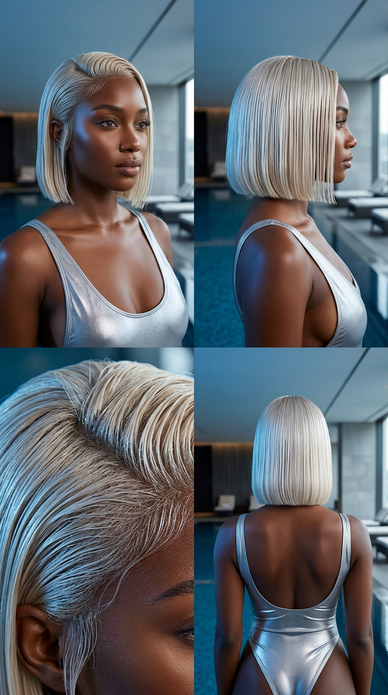 Platinum Poolside Bob: Icy Glamour 2026 chin-length icy platinum bob with ash root smudge for pool day