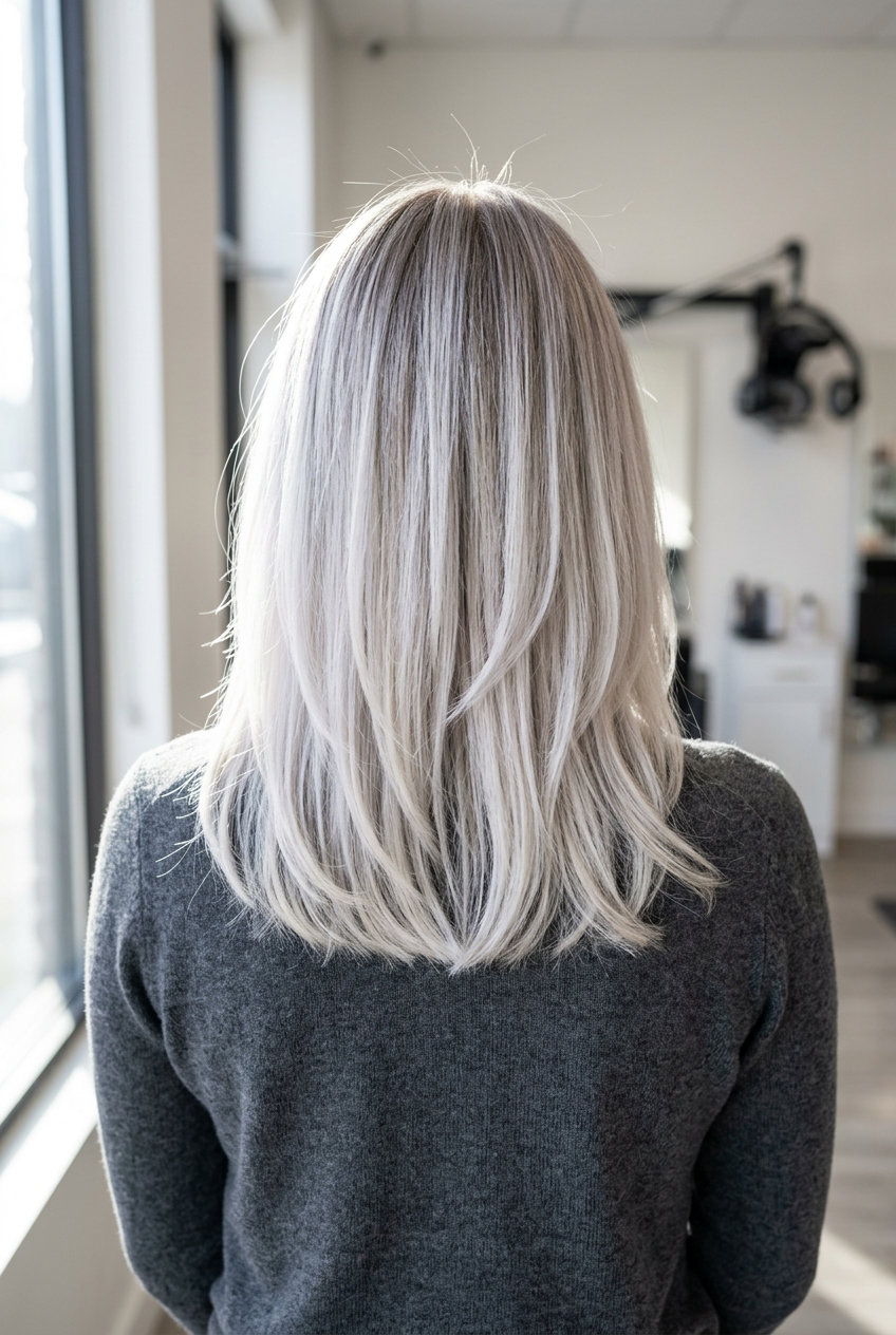 long balayage with icy platinum, platinum blonde & silver, ash root smudge — modern concert style