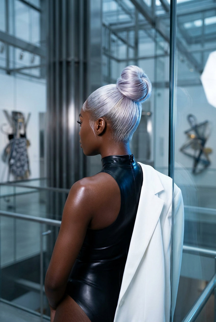 long icy platinum slick bun with silver-violet toner and root shadow for date night