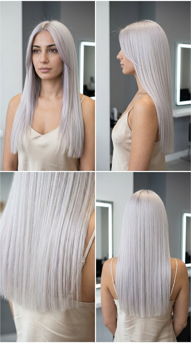 long haircut with icy platinum blonde, silver violet toner, blunt cut — glamorous red carpet look