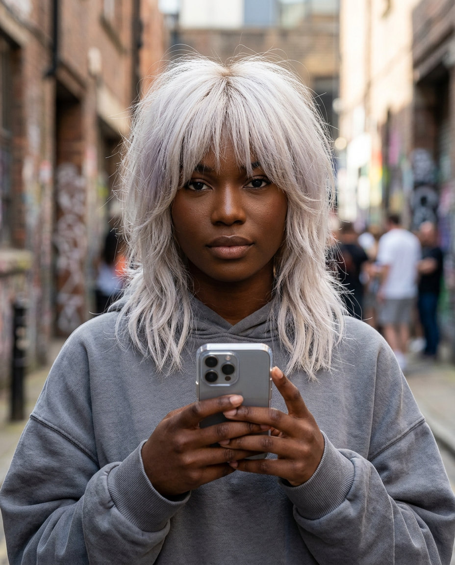 medium shag haircut in icy platinum blonde with choppy layers and bottleneck bangs for music festivals