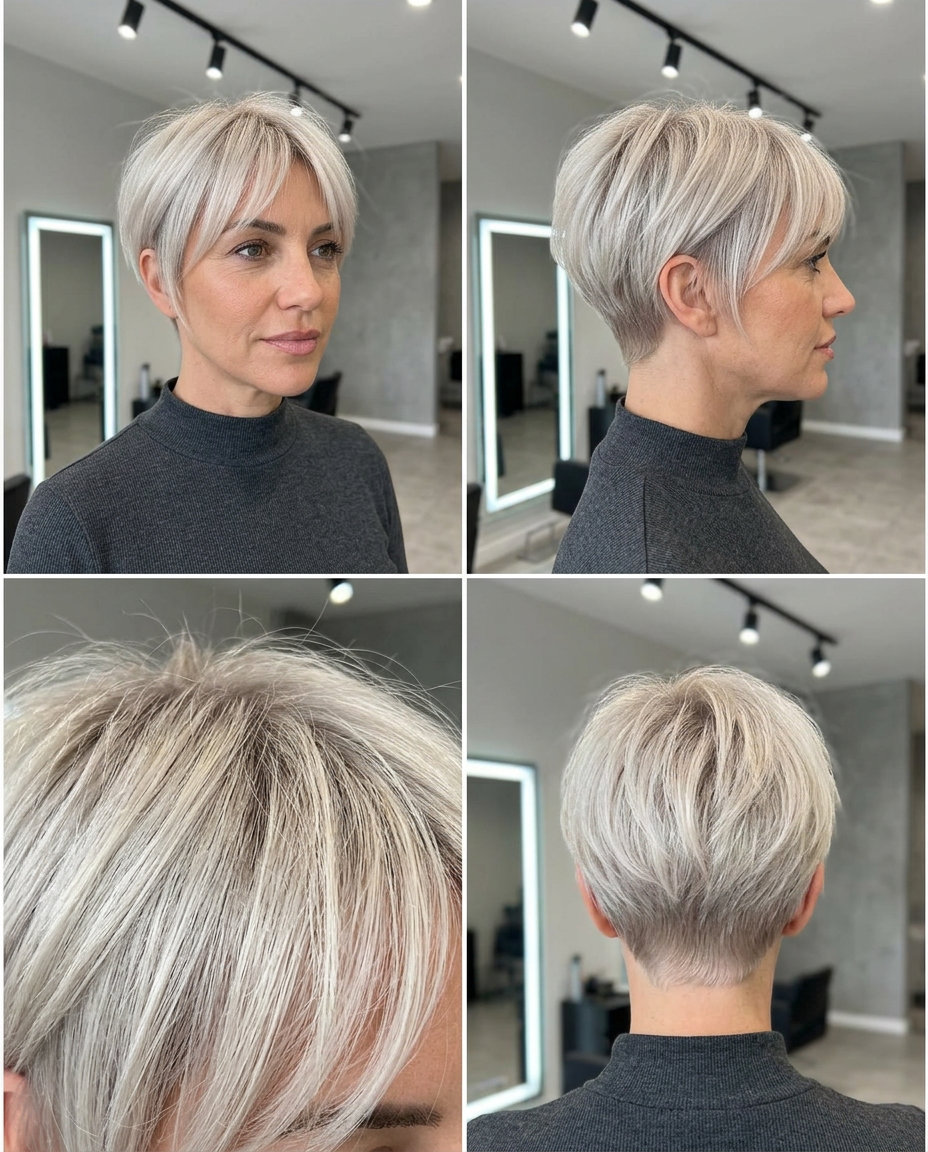 short pixie haircut in icy platinum blonde with soft ash root smudge and tapered sides for playful edgy looks