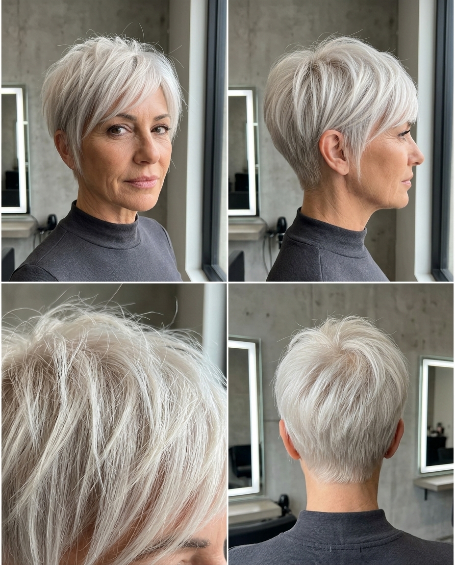 short razored crop haircut with icy platinum blonde hair and piecey fringe, tapered sides — bold modern style