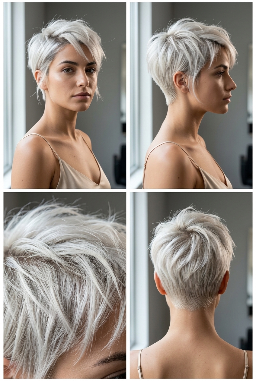 very short platinum pixie haircut with icy blonde color, razored texture, and side-swept fringe for summer