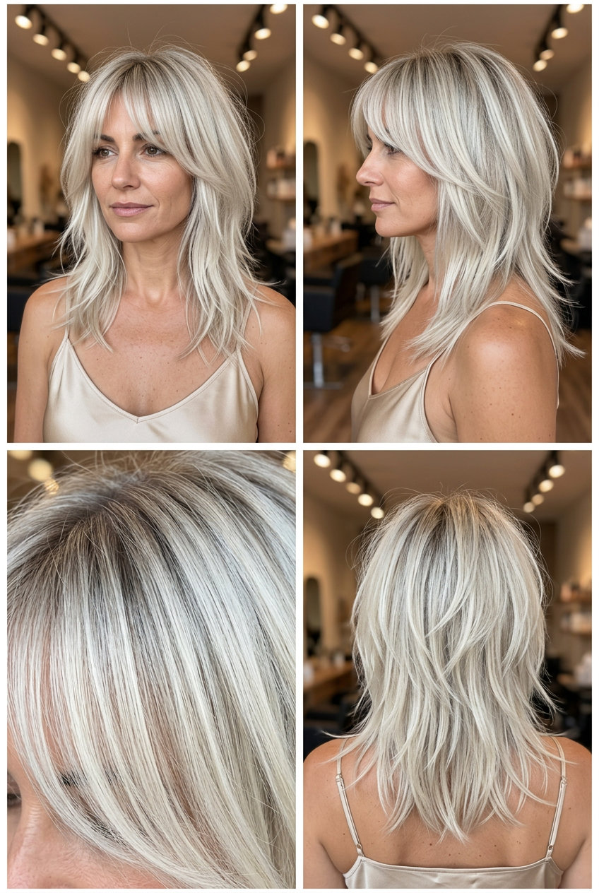 shoulder-length icy platinum shag with cool ash root smudge, wispy curtain bangs — edgy & glamorous