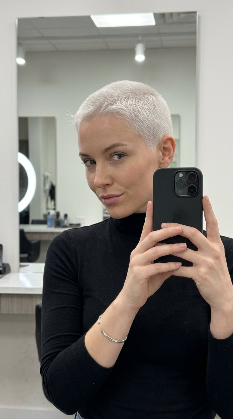 very short buzz cut in icy platinum blonde, uniform cool white — bold, edgy