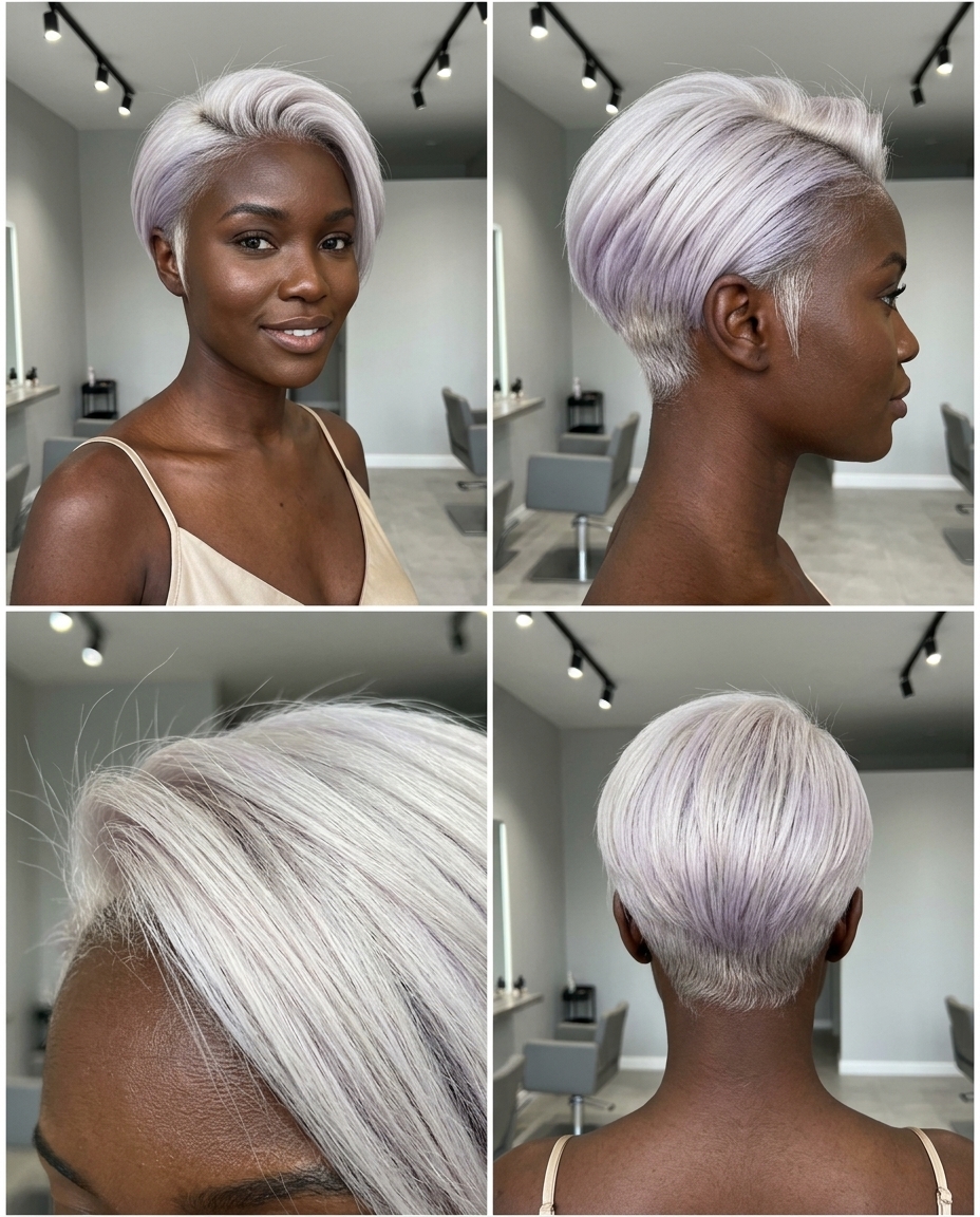 very short pixie haircut in icy platinum blonde for minimalist style