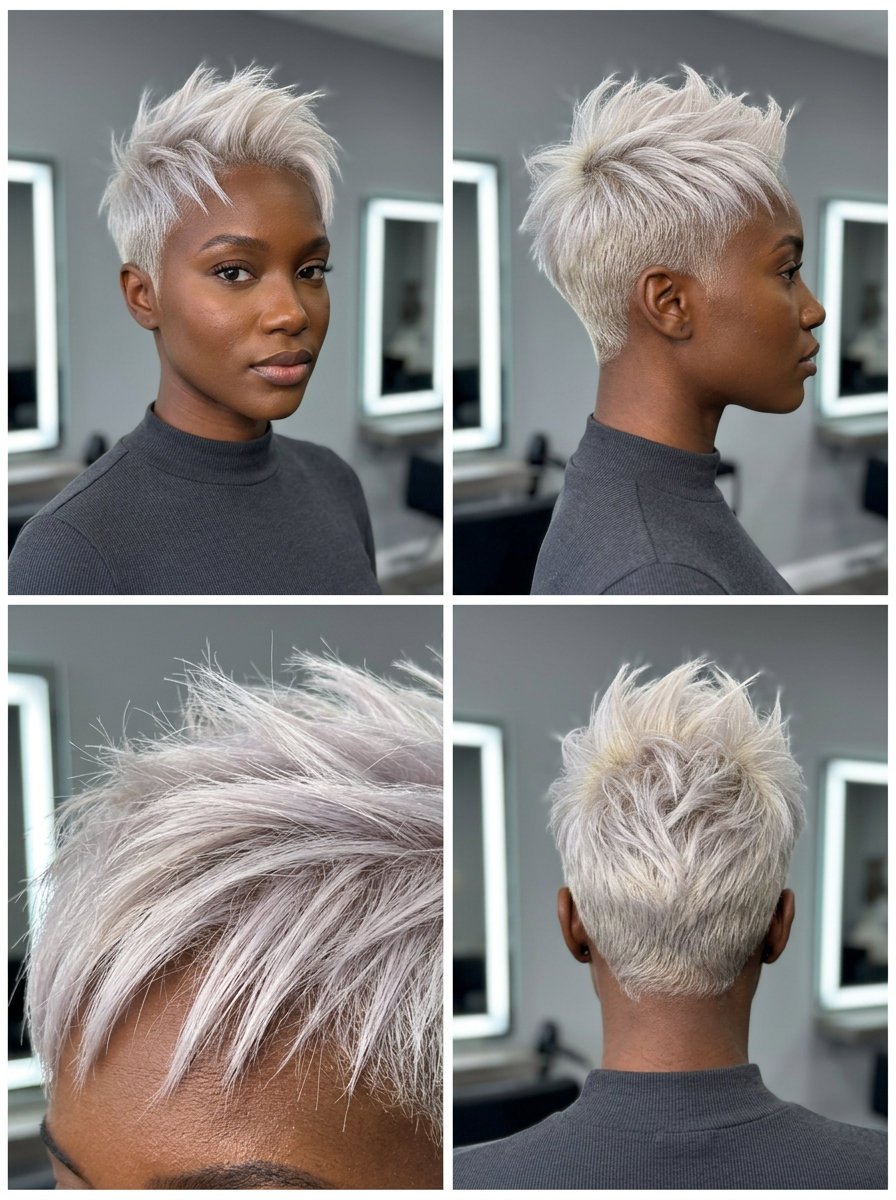 Arctic Undercut Pixie: Platinum Blonde 2026 very short pixie haircut with icy platinum blonde, sharp undercut, textured top β edgy avant-garde concert