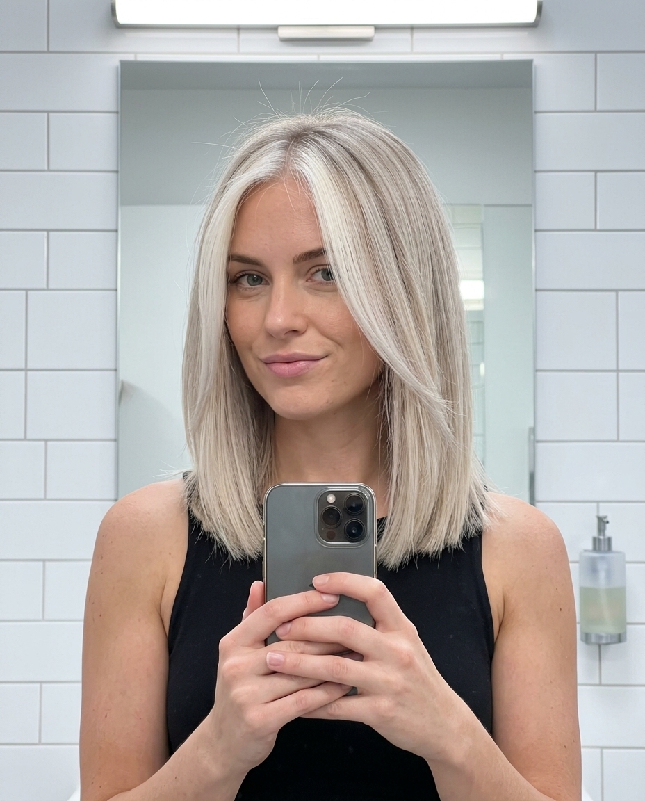 medium lob dimensional summer blonde hair color 2026 with icy platinum hairline and cool beige blonde, ash root smudge, invisible layers — bold and chic