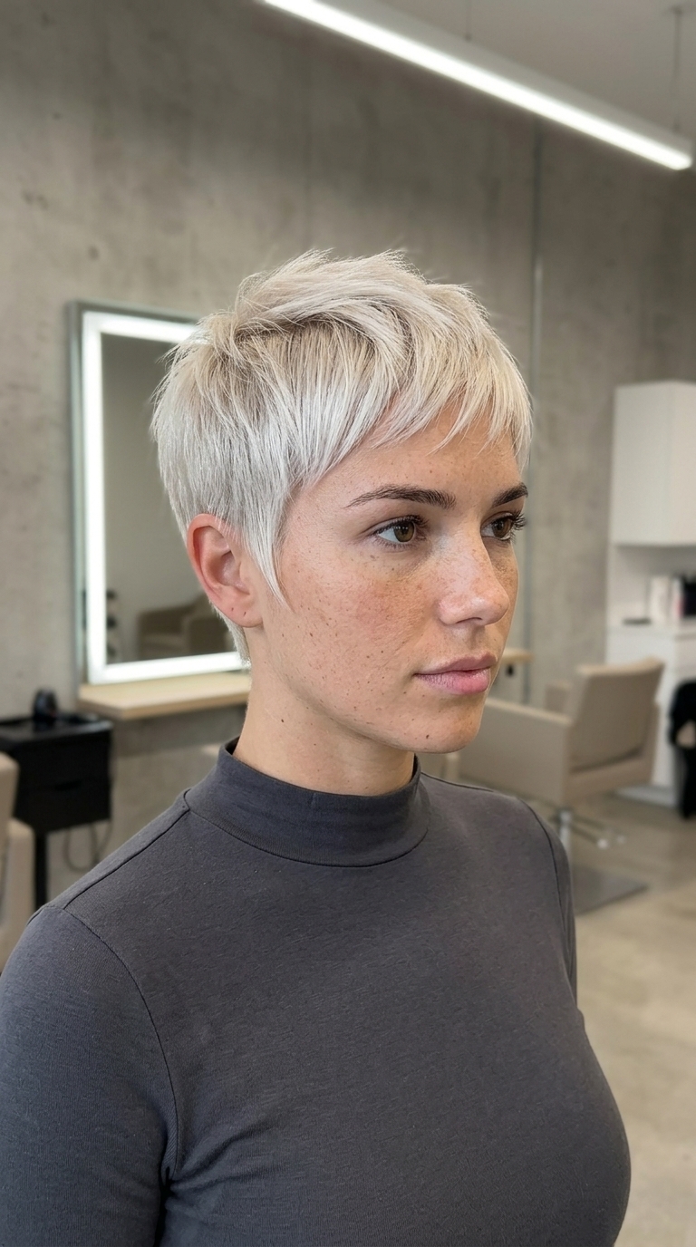 short icy platinum blonde pixie with cool white, Scandi hairline, razored texture, bold minimalist style for festival