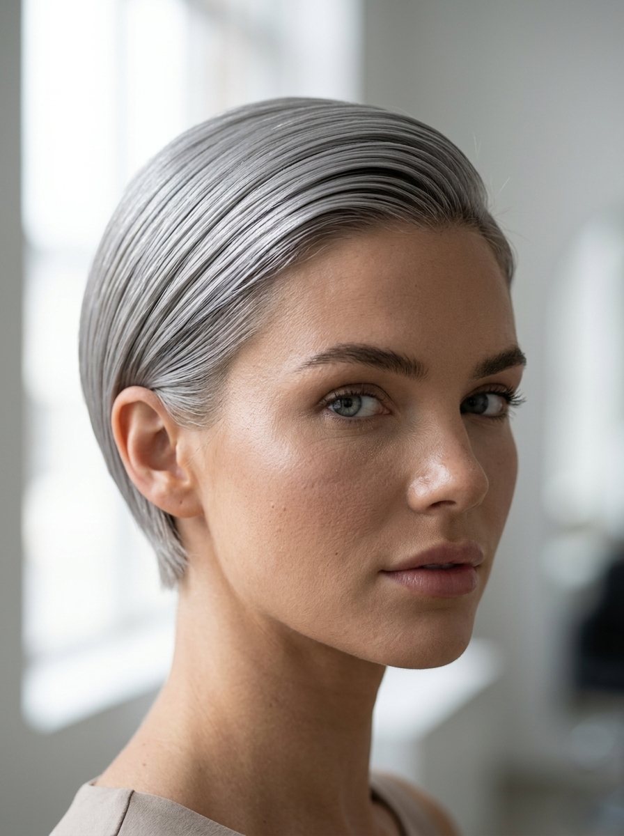 very short pixie haircut in icy silver-platinum blonde with cool grey undertones and clipper fade for modern looks