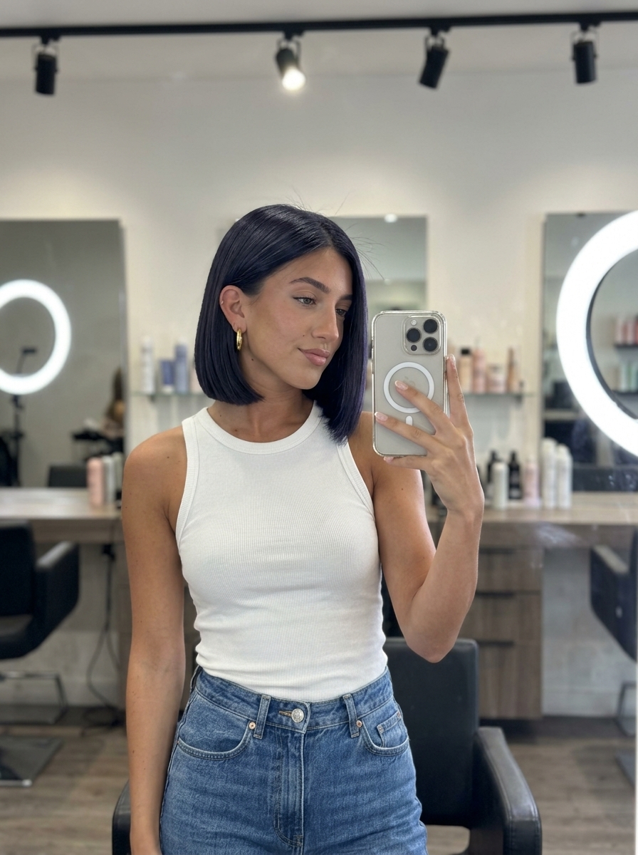 chin-length blunt bob haircut with inkwell brunette color, sharp clean perimeter, no bangs — sophisticated daily office