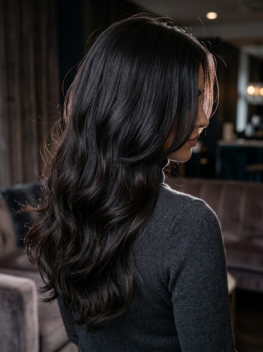 long wavy inkwell cascade with ultra-dark brown color, subtle layers, U-cut back — romantic and glamorous