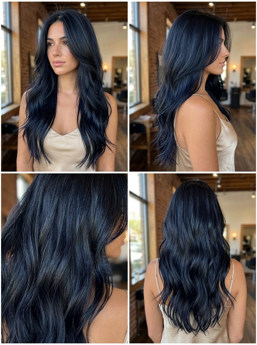 long inky blue-black brunette waves with cascading layers and face-framing pieces for date night