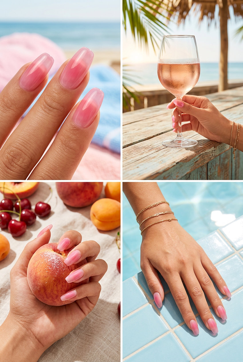 Jelly Pink Aura Nails 2026: Romantic Getaway Jelly pink aura gradient nails for trending summer nails 2026. Romantic, dreamy vacation style.