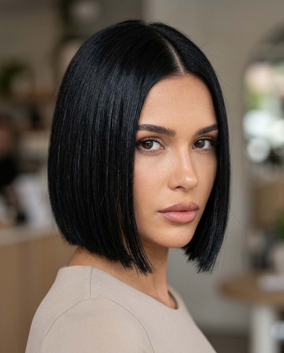 short bob haircut in jet black with cool blue undertones, blunt cut, no bangs — bold sophisticated professional