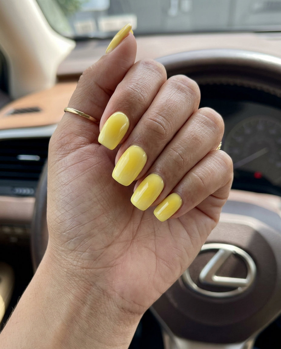 Butter Yellow Aura Squoval nails: June nails color ideas - summer trends 2026. Playful, sunny look for casual occasions.