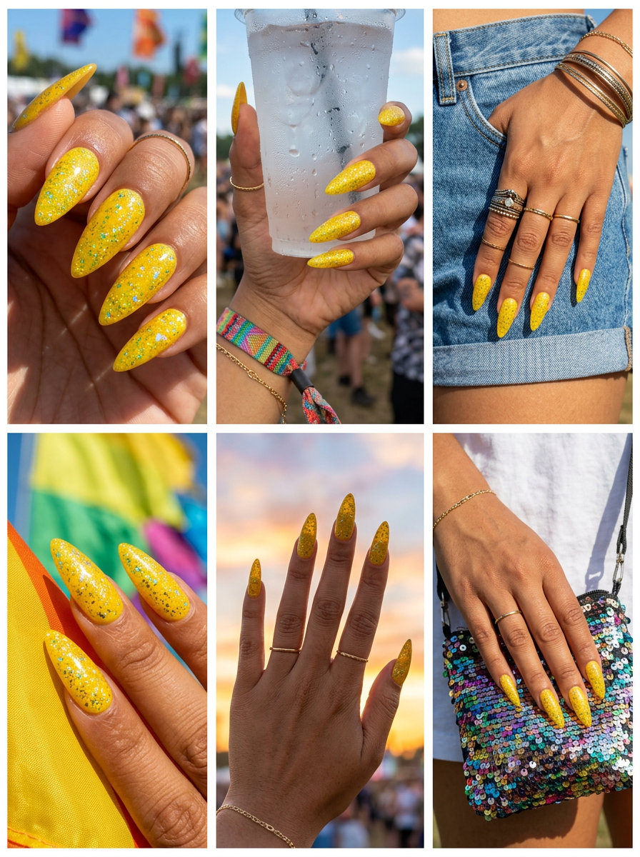 Citrine Yellow Glitter Sparkle nails: yellow with holographic glitter. June nails color ideas - summer trends 2026.