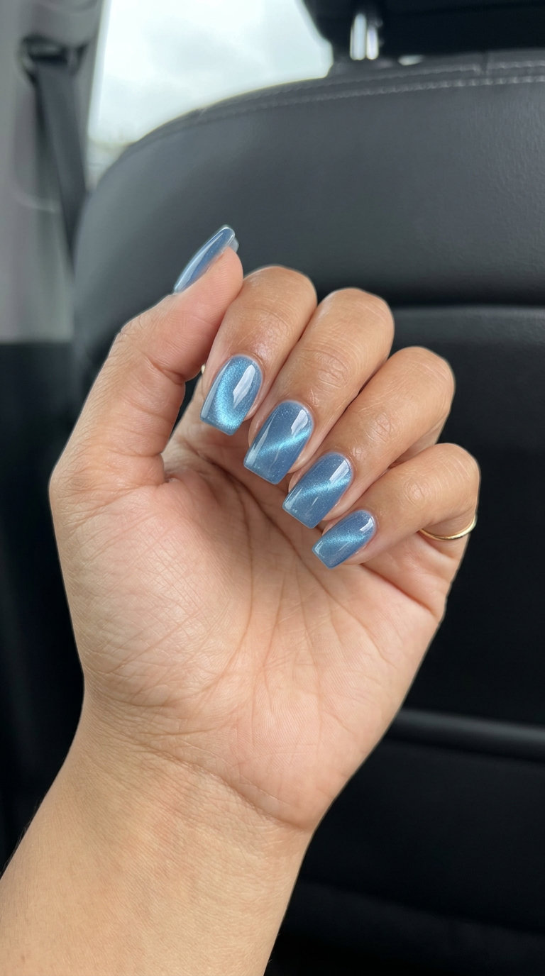 Cool blue cat-eye nails, an edgy June nail color idea for summer trends 2026. Great for date nights.