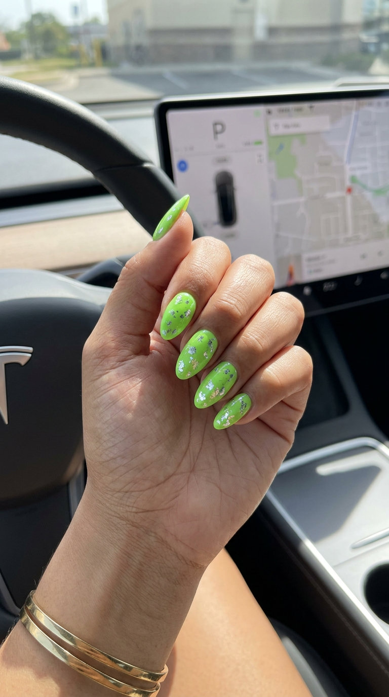 Electric Lime Shimmer nails: lime green with silver foil. June nails color ideas - summer trends 2026.