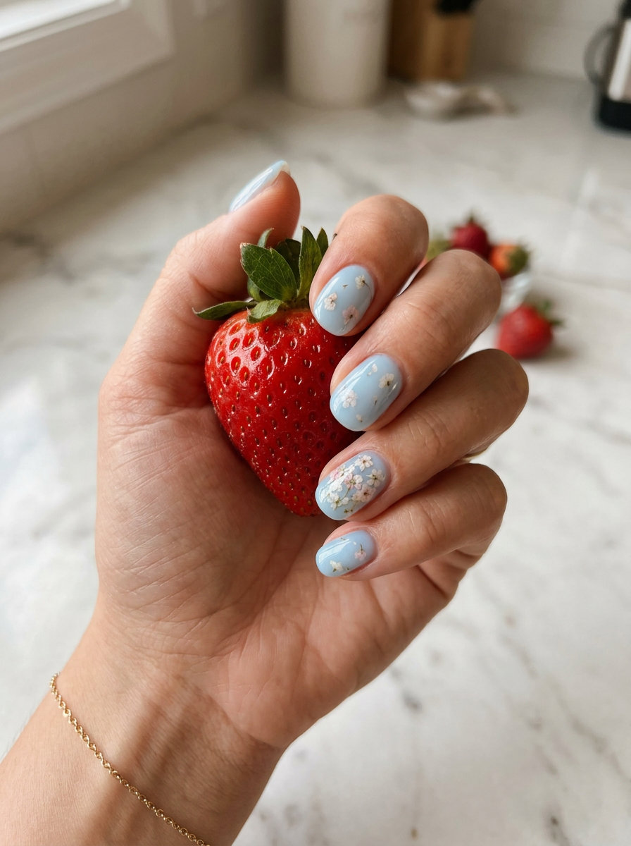 Icy blue milk bath nails with floral inclusions, a dreamy June nail color idea for summer trends 2026.