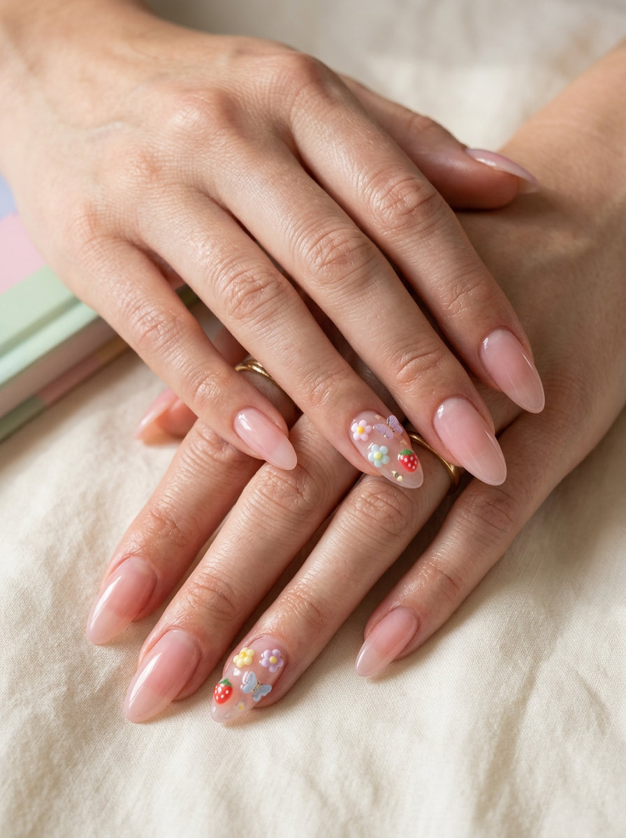 Enchanted jelly garden nails with charms, a whimsical June nail color idea for summer trends 2026.