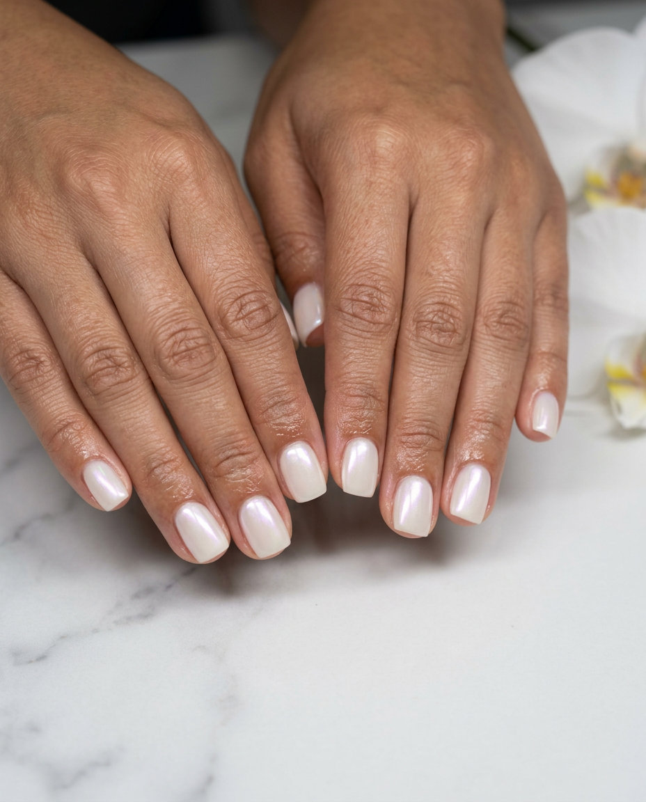 Milky nude pearlescent nails, a clean June nail color idea for summer trends 2026. Elegant for any occasion.