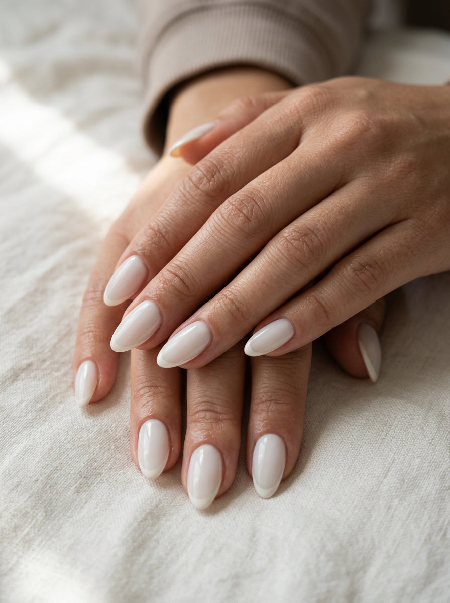 Milky White Micro French Almond nails: June nails color ideas - summer trends 2026. Sophisticated look for weddings & work.